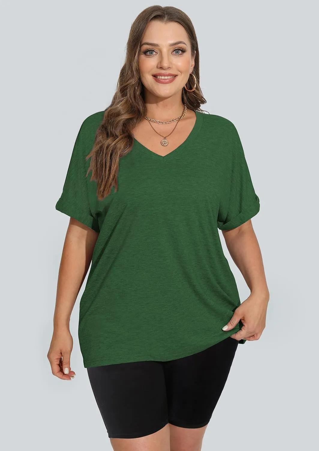 WIHOLL Womens Oversized Tshirts Summer Tops 2025 Short Sleeve V Neck Shirts Outfits Plus Size Clothes