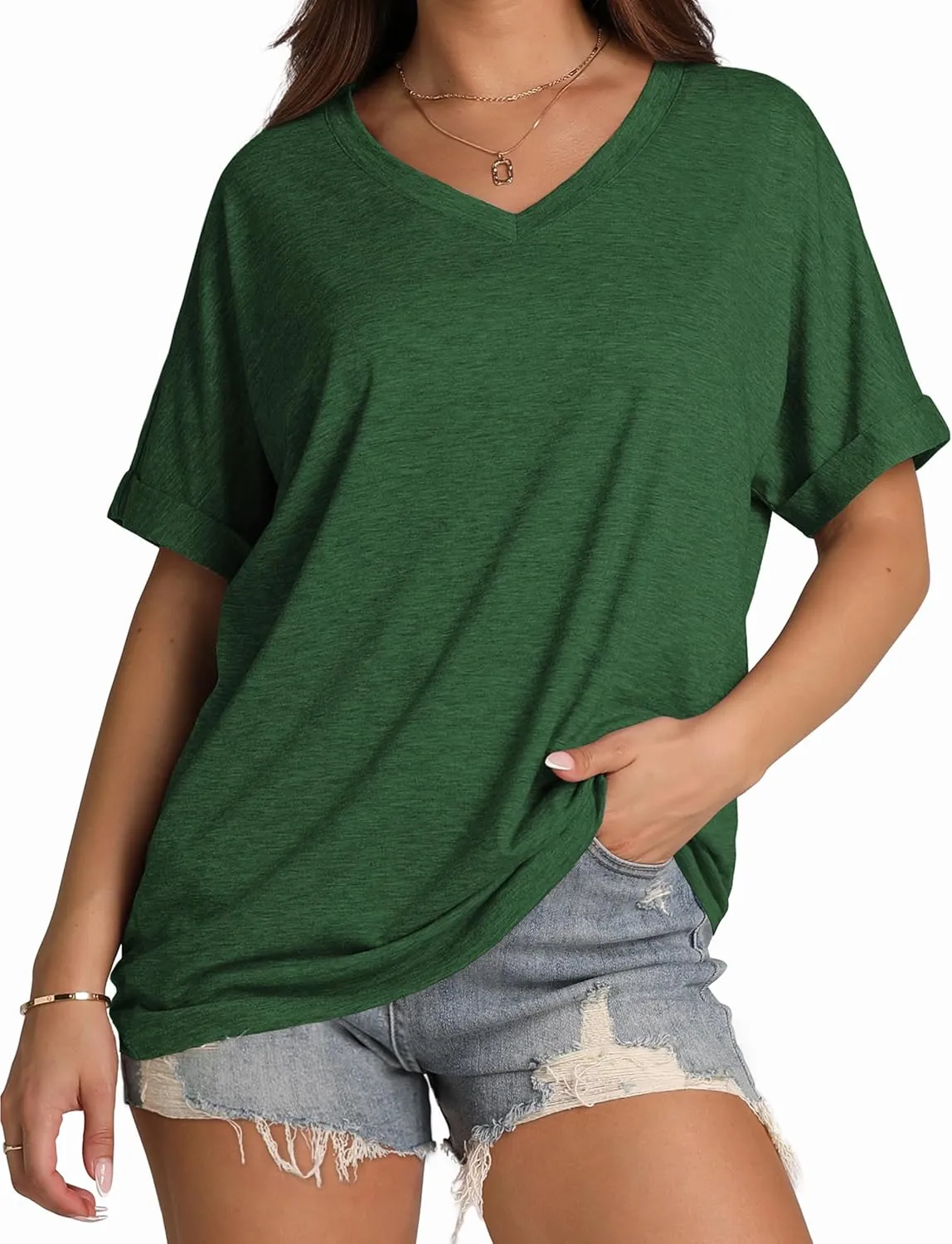 WIHOLL Womens Oversized Tshirts Summer Tops 2025 Short Sleeve V Neck Shirts Outfits Plus Size Clothes
