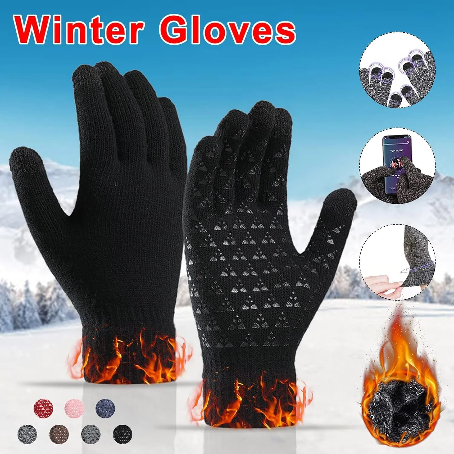 Winter Gloves Men,Thermal Knit Lining Full Fingers Touch Screen Warm Gloves for Hiking Driving Cold Weather Kids