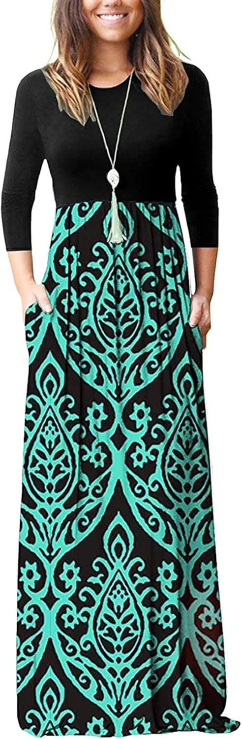 WNEEDU Women's 3/4 Sleeve Casual Loose Long Maxi Dresses with Pocket