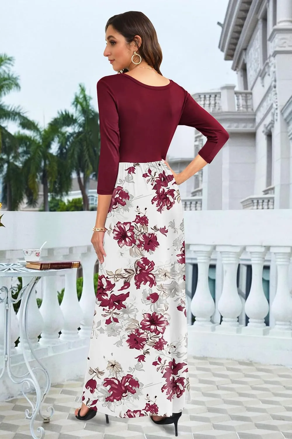 WNEEDU Women's 3/4 Sleeve Casual Loose Long Maxi Dresses with Pocket