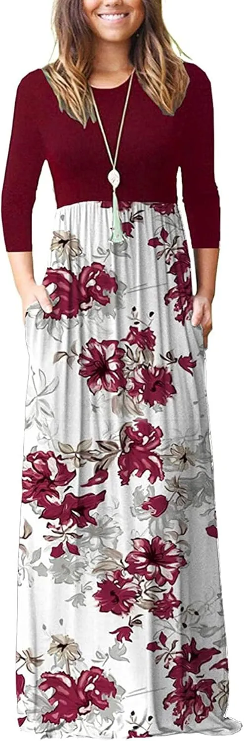 WNEEDU Women's 3/4 Sleeve Casual Loose Long Maxi Dresses with Pocket