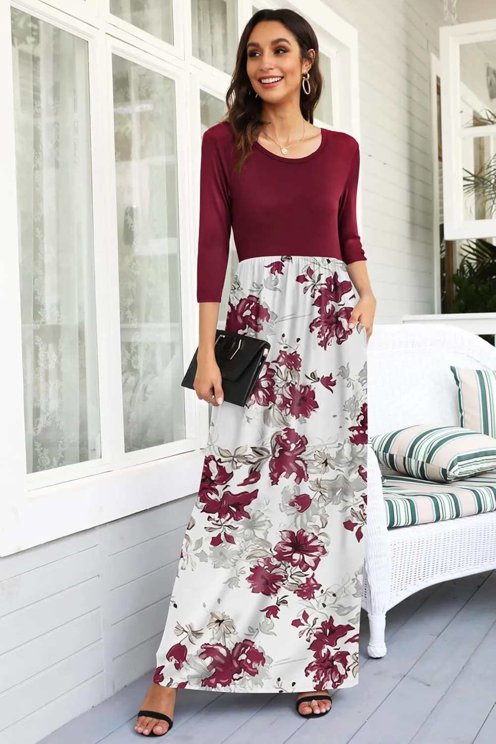 WNEEDU Women's 3/4 Sleeve Casual Loose Long Maxi Dresses with Pocket
