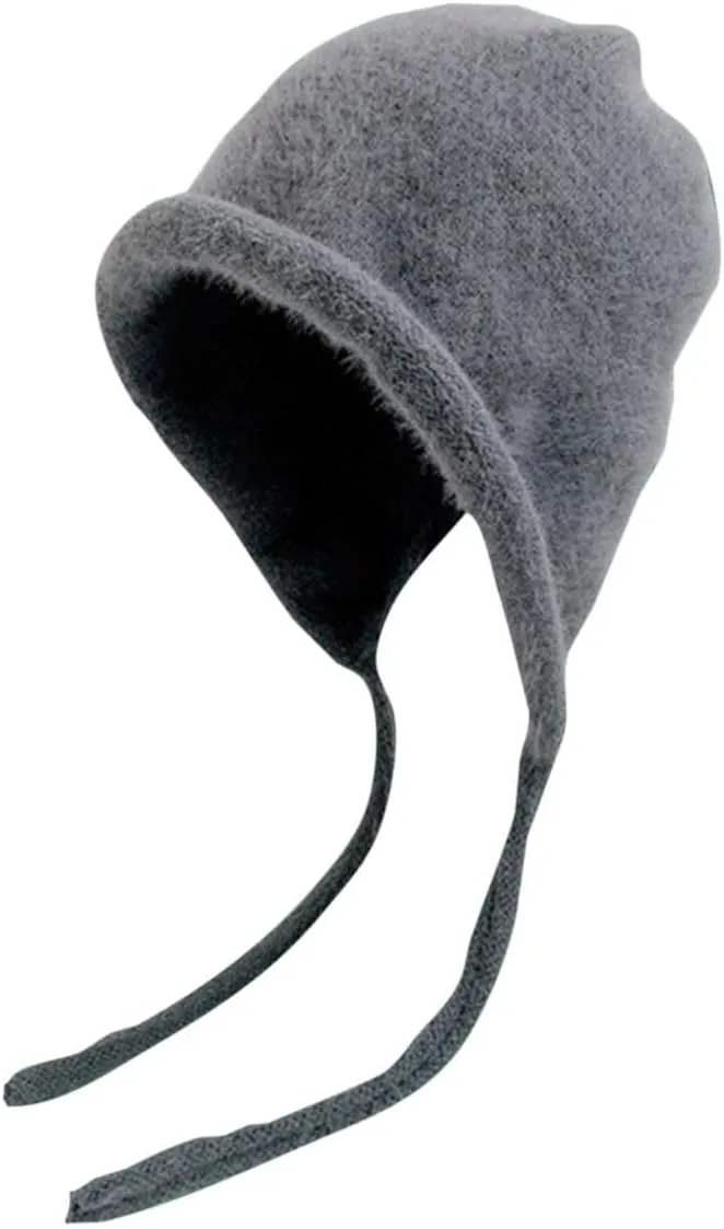 Women Fashion Winter Knitted Beanie Hat with Earflaps Faux Fur Pom Fleece Lined Thick Warm Ribbed Wide Brim Cap