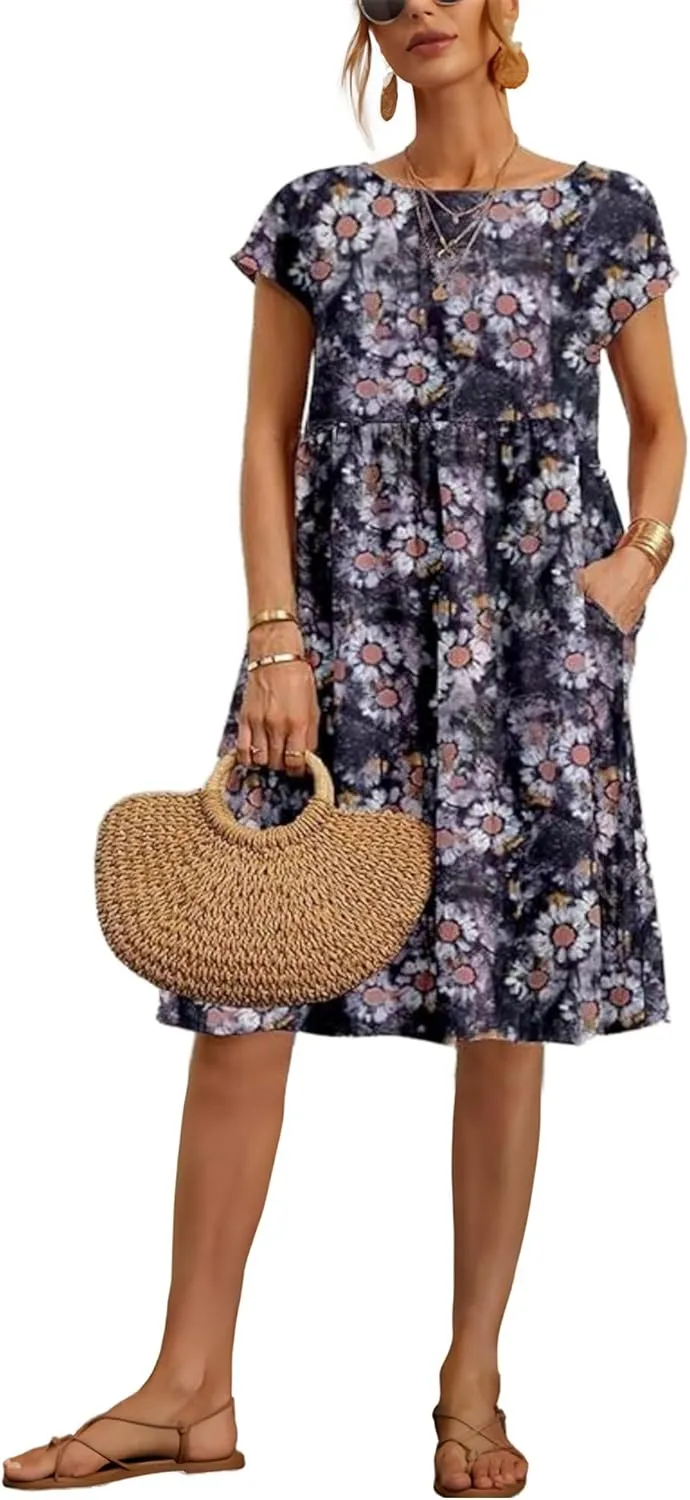 Women Summer Cap Sleeve Midi Dress with Pockets