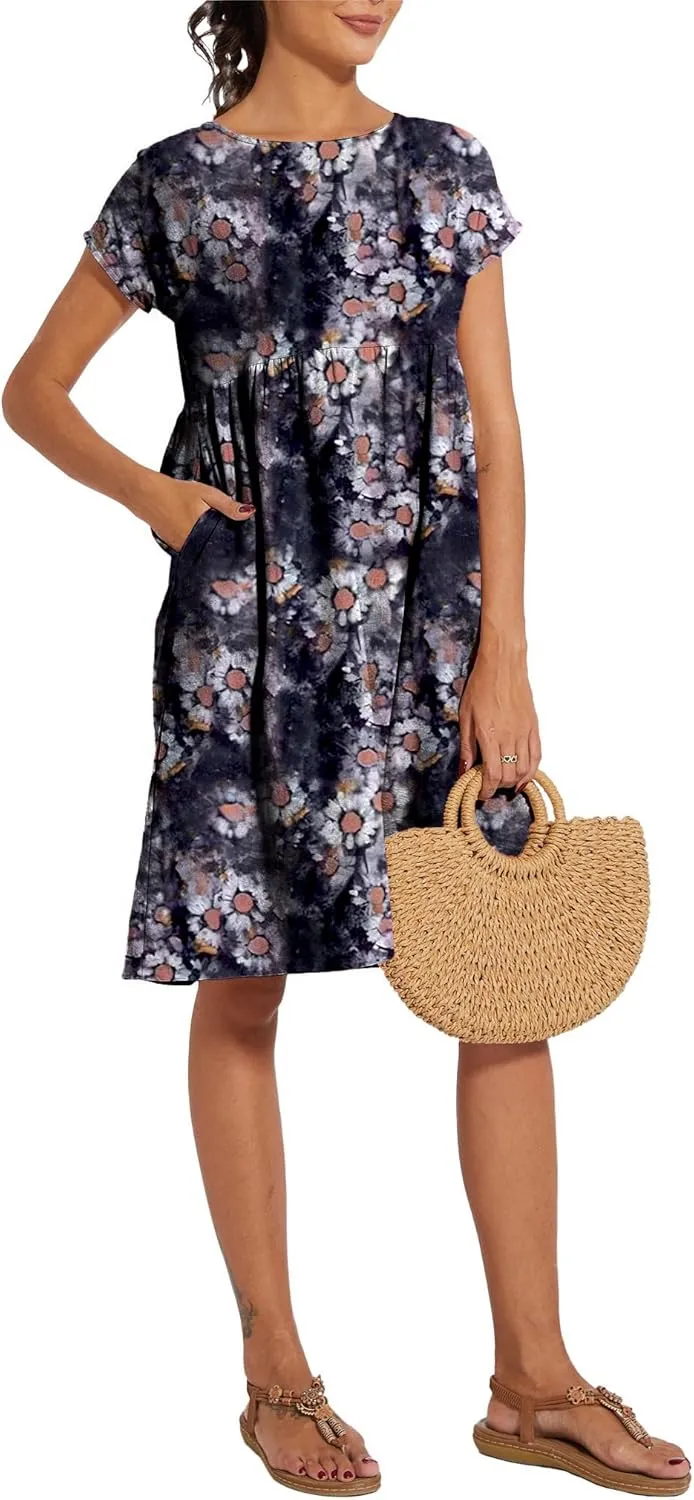 Women Summer Cap Sleeve Midi Dress with Pockets