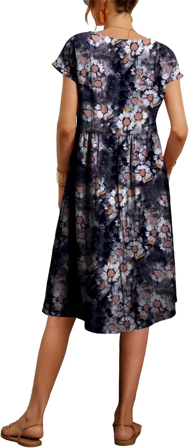 Women Summer Cap Sleeve Midi Dress with Pockets