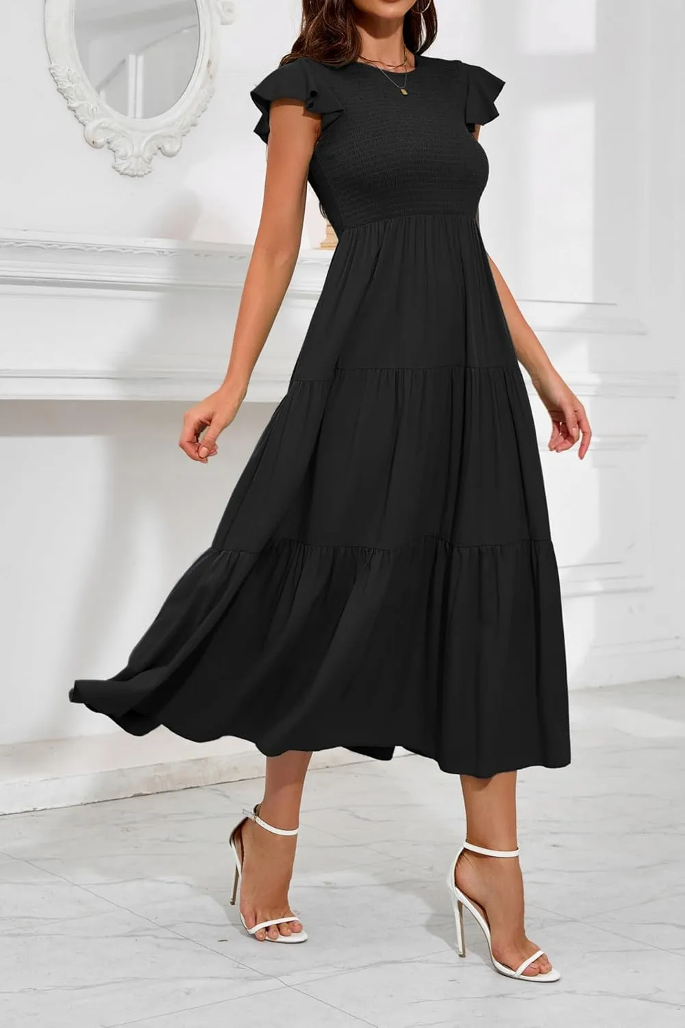 Women Summer Casual Flutter Sleeve Smocked Tiered Ankle Length Dress
