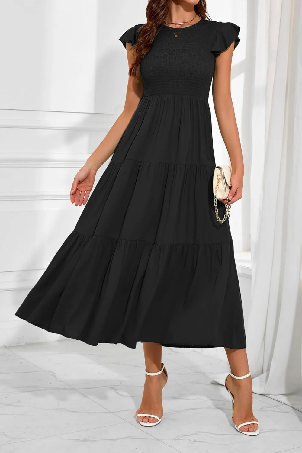 Women Summer Casual Flutter Sleeve Smocked Tiered Ankle Length Dress
