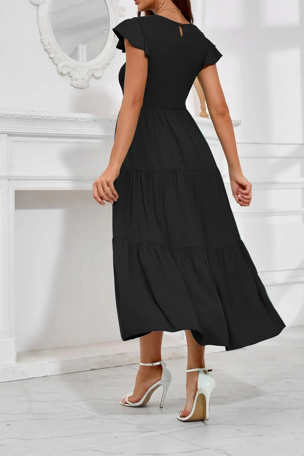 Women Summer Casual Flutter Sleeve Smocked Tiered Ankle Length Dress