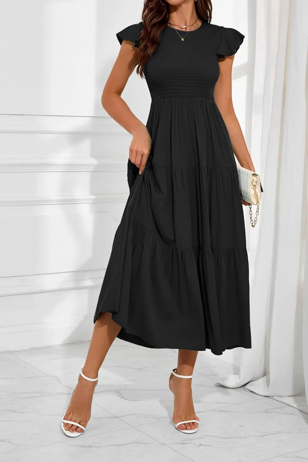 Women Summer Casual Flutter Sleeve Smocked Tiered Ankle Length Dress