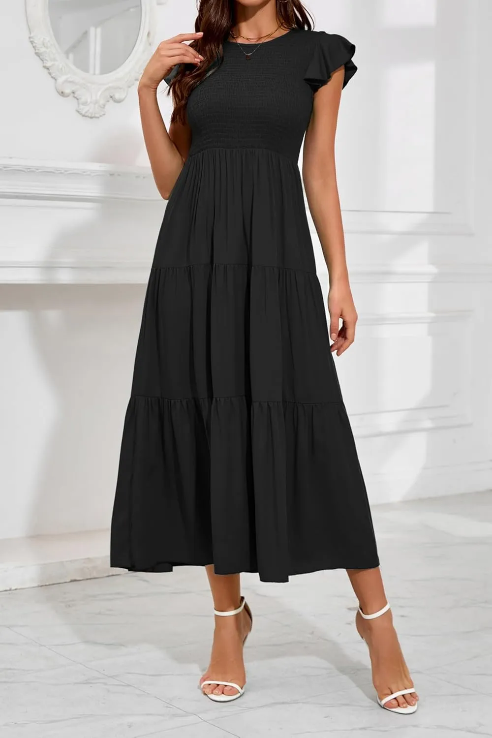 Women Summer Casual Flutter Sleeve Smocked Tiered Ankle Length Dress