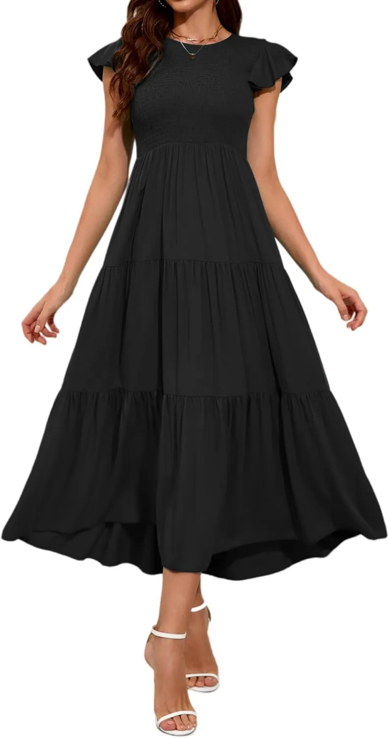 Women Summer Casual Flutter Sleeve Smocked Tiered Ankle Length Dress