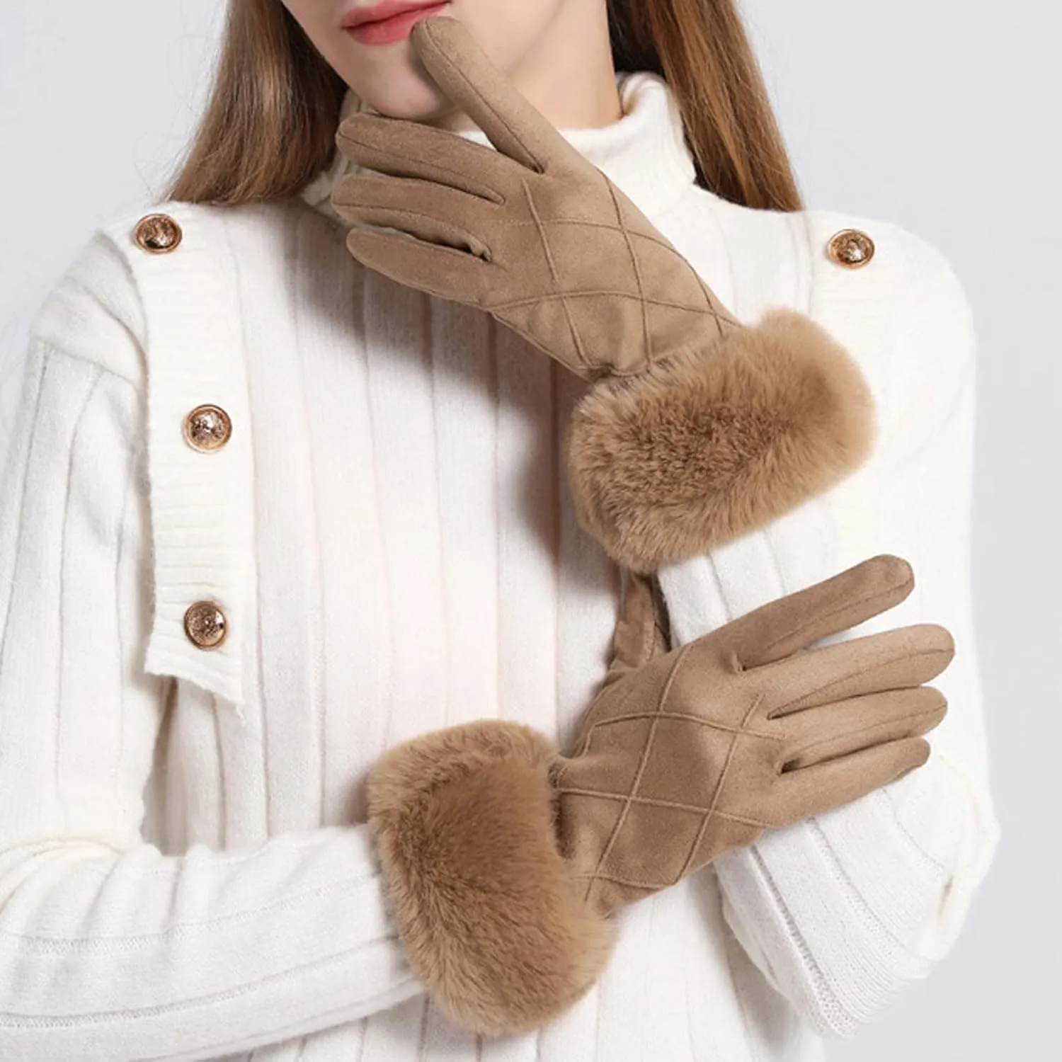Women Winter Gloves Thermal Touchscreen Gloves Windproof Outdoor Suede Gloves Elastic Windproof Mittens for Driving (A, One Size)