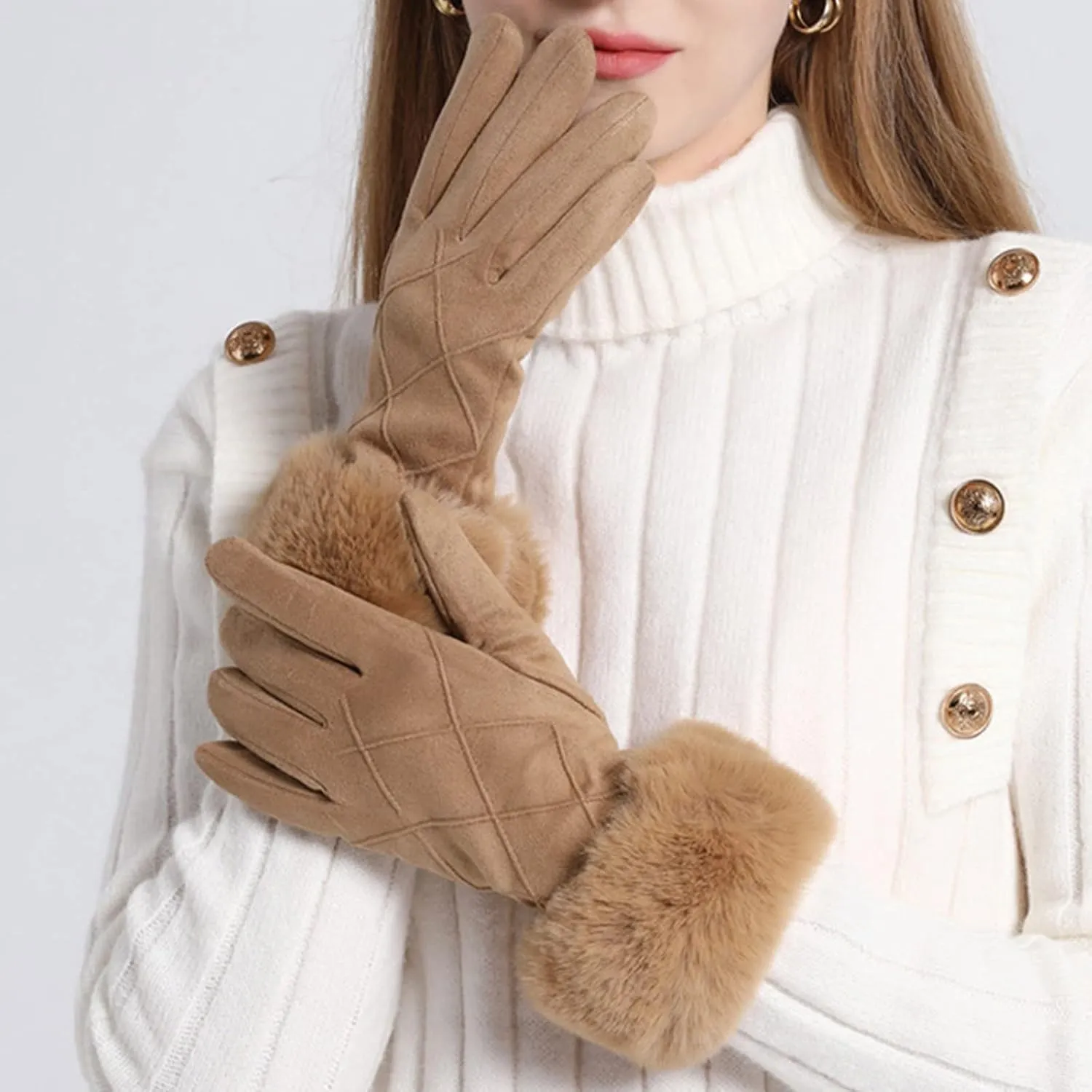 Women Winter Gloves Thermal Touchscreen Gloves Windproof Outdoor Suede Gloves Elastic Windproof Mittens for Driving (A, One Size)