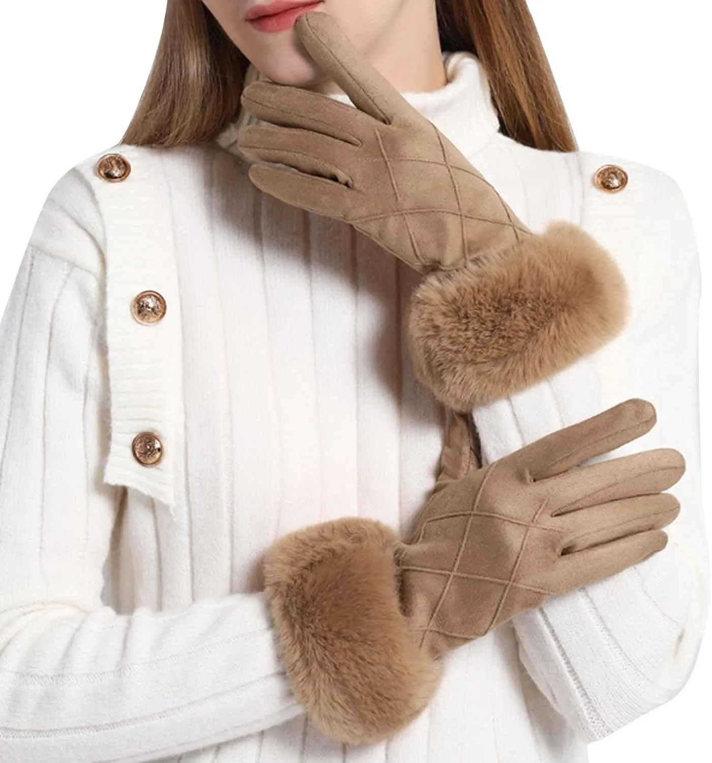 Women Winter Gloves Thermal Touchscreen Gloves Windproof Outdoor Suede Gloves Elastic Windproof Mittens for Driving (A, One Size)