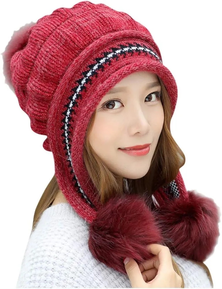 Women Winter Pompom Beanie Hats Warm Fleece Lined,Chunky Trendy Cute Knit Cap Cuff Knitted Beanie Hat