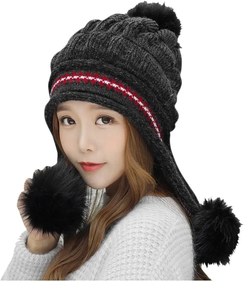 Women Winter Pompom Beanie Hats Warm Fleece Lined,Chunky Trendy Cute Knit Cap Cuff Knitted Beanie Hat