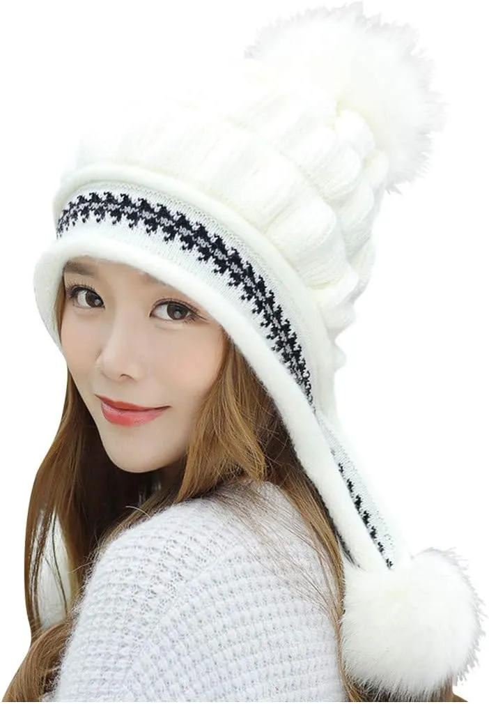 Women Winter Pompom Beanie Hats Warm Fleece Lined,Chunky Trendy Cute Knit Cap Cuff Knitted Beanie Hat