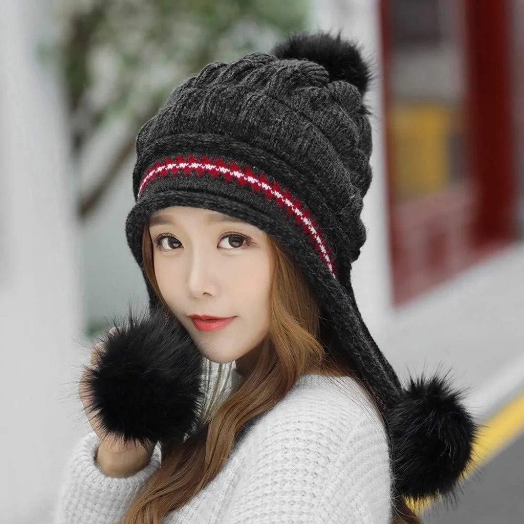 Women Winter Pompom Beanie Hats Warm Fleece Lined,Chunky Trendy Cute Knit Cap Cuff Knitted Beanie Hat