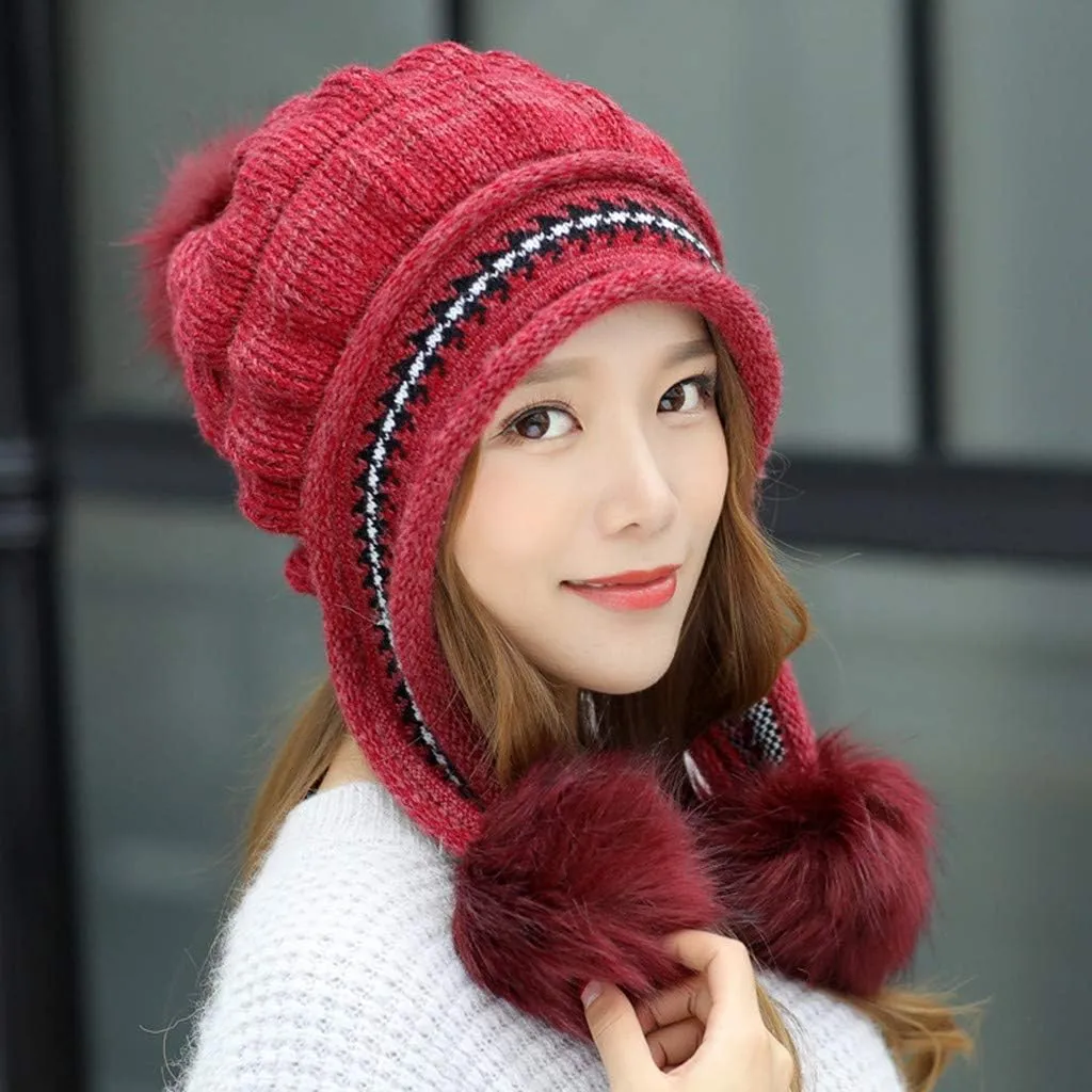 Women Winter Pompom Beanie Hats Warm Fleece Lined,Chunky Trendy Cute Knit Cap Cuff Knitted Beanie Hat