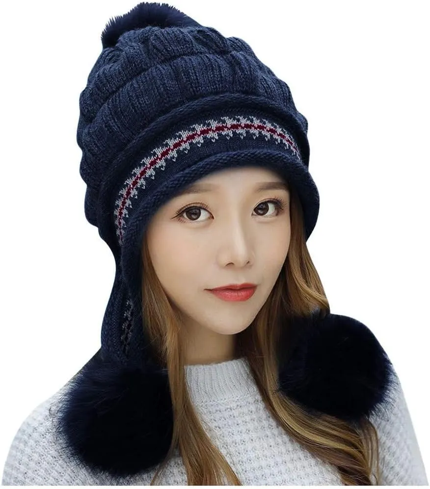 Women Winter Pompom Beanie Hats Warm Fleece Lined,Chunky Trendy Cute Knit Cap Cuff Knitted Beanie Hat