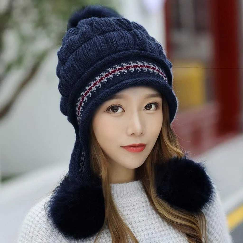 Women Winter Pompom Beanie Hats Warm Fleece Lined,Chunky Trendy Cute Knit Cap Cuff Knitted Beanie Hat