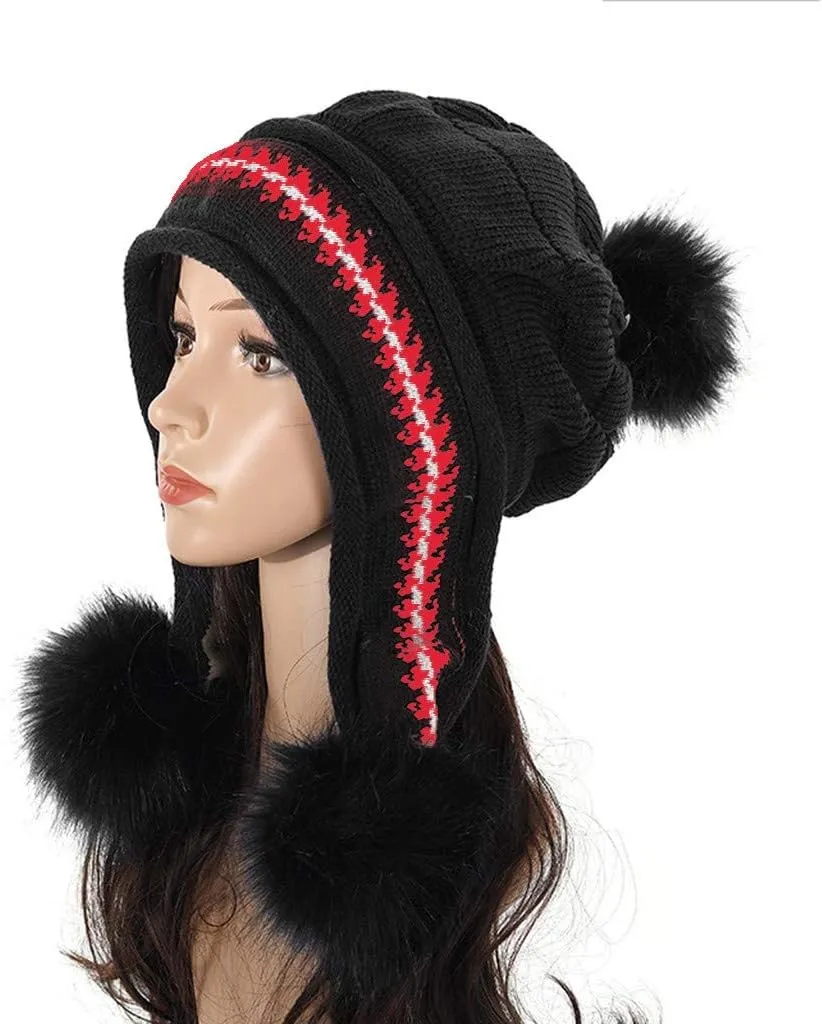 Women Winter Pompom Beanie Hats Warm Fleece Lined,Chunky Trendy Cute Knit Cap Cuff Knitted Beanie Hat