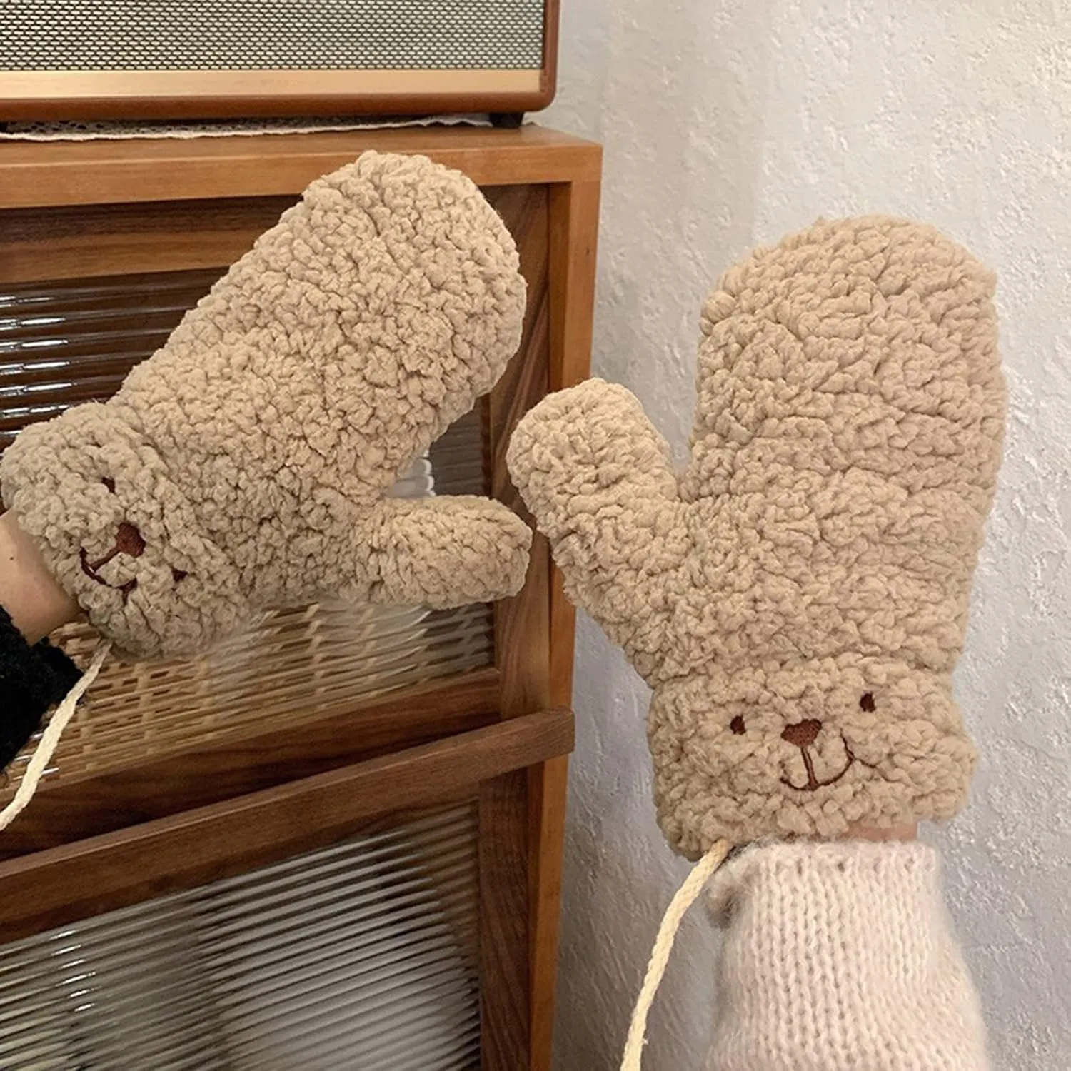Women Winter Touchscreen Gloves Cold Weather Gloves 3D Bear Double Layer Winter Gloves for Cold Weather Women Mittens (Khaki, One Size)