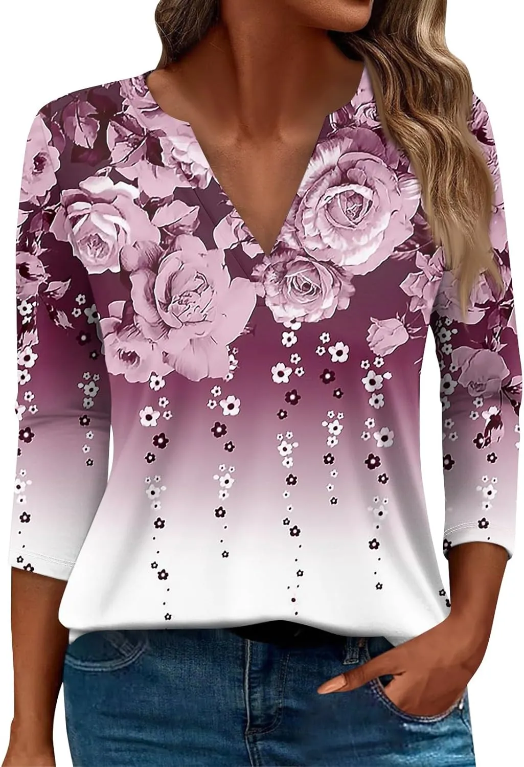 Women's 3/4 Sleeve Dressy Casual Tops Loose Fit Henley V Neck Trendy Shirts Fashion Tunic Blouses