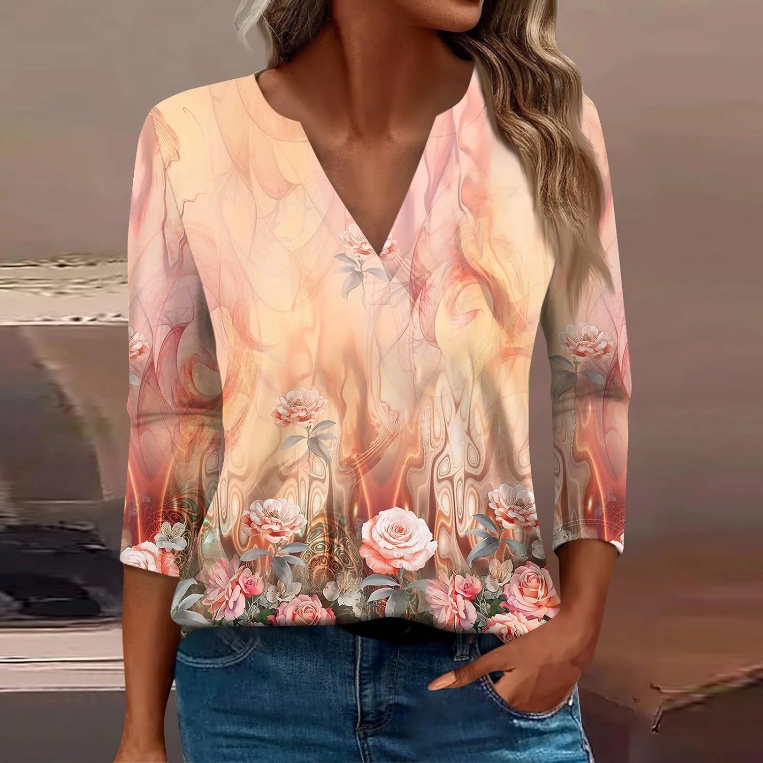 Women's 3/4 Sleeve Dressy Casual Tops Loose Fit Henley V Neck Trendy Shirts Fashion Tunic Blouses