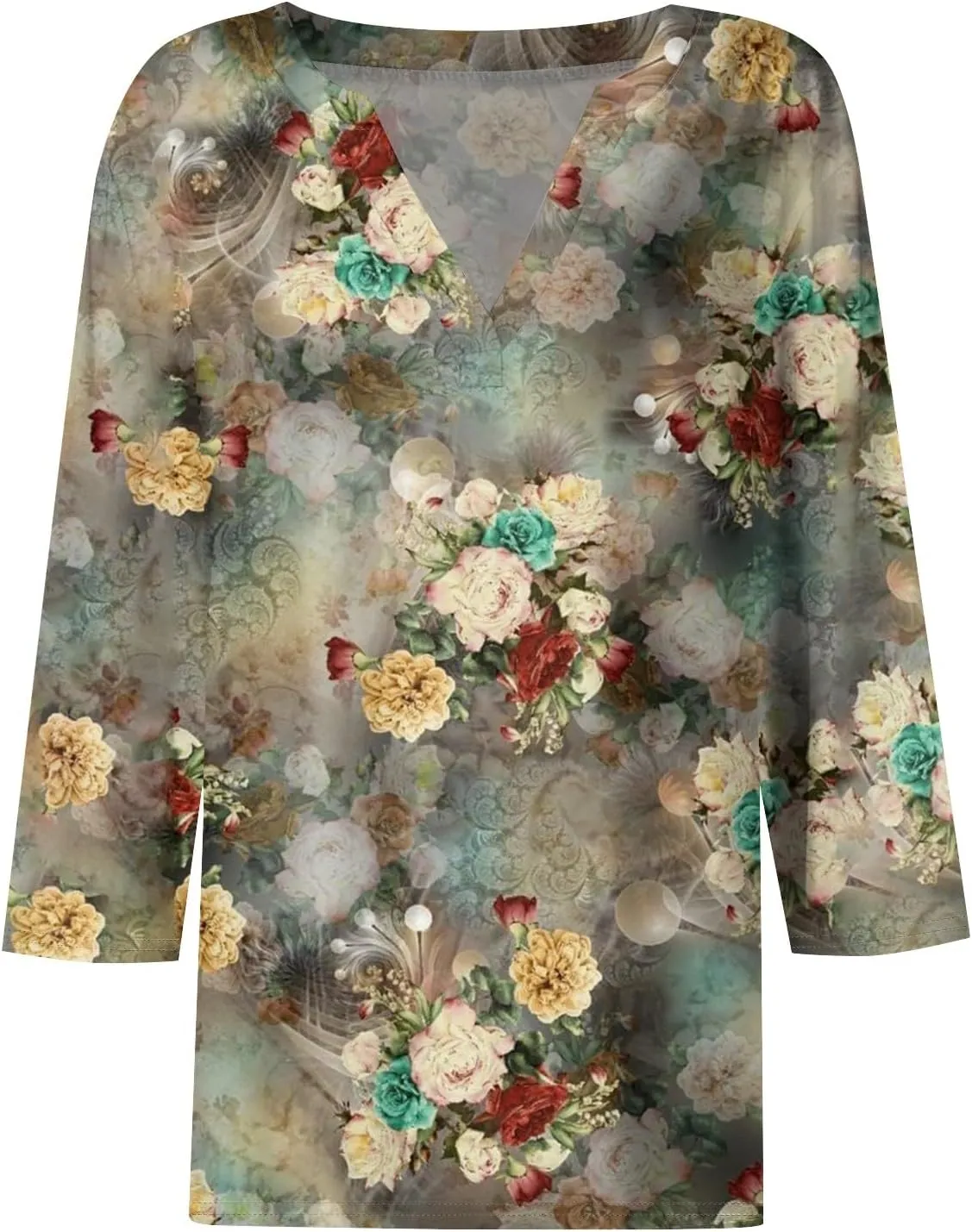 Women's 3/4 Sleeve Dressy Casual Tops Loose Fit Henley V Neck Trendy Shirts Fashion Tunic Blouses