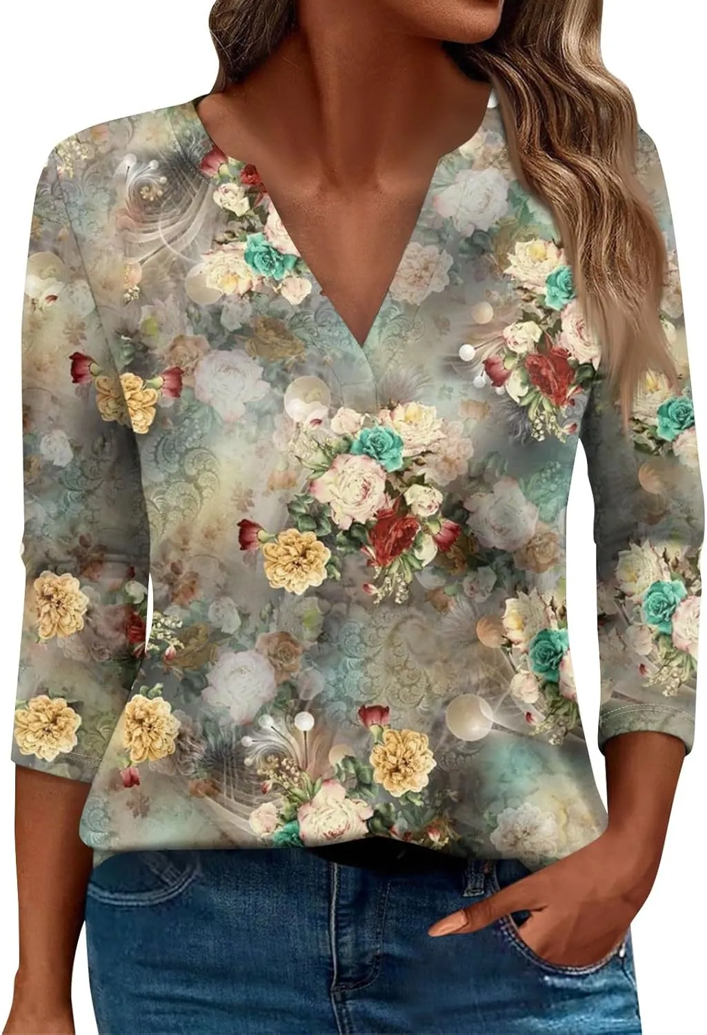 Women's 3/4 Sleeve Dressy Casual Tops Loose Fit Henley V Neck Trendy Shirts Fashion Tunic Blouses