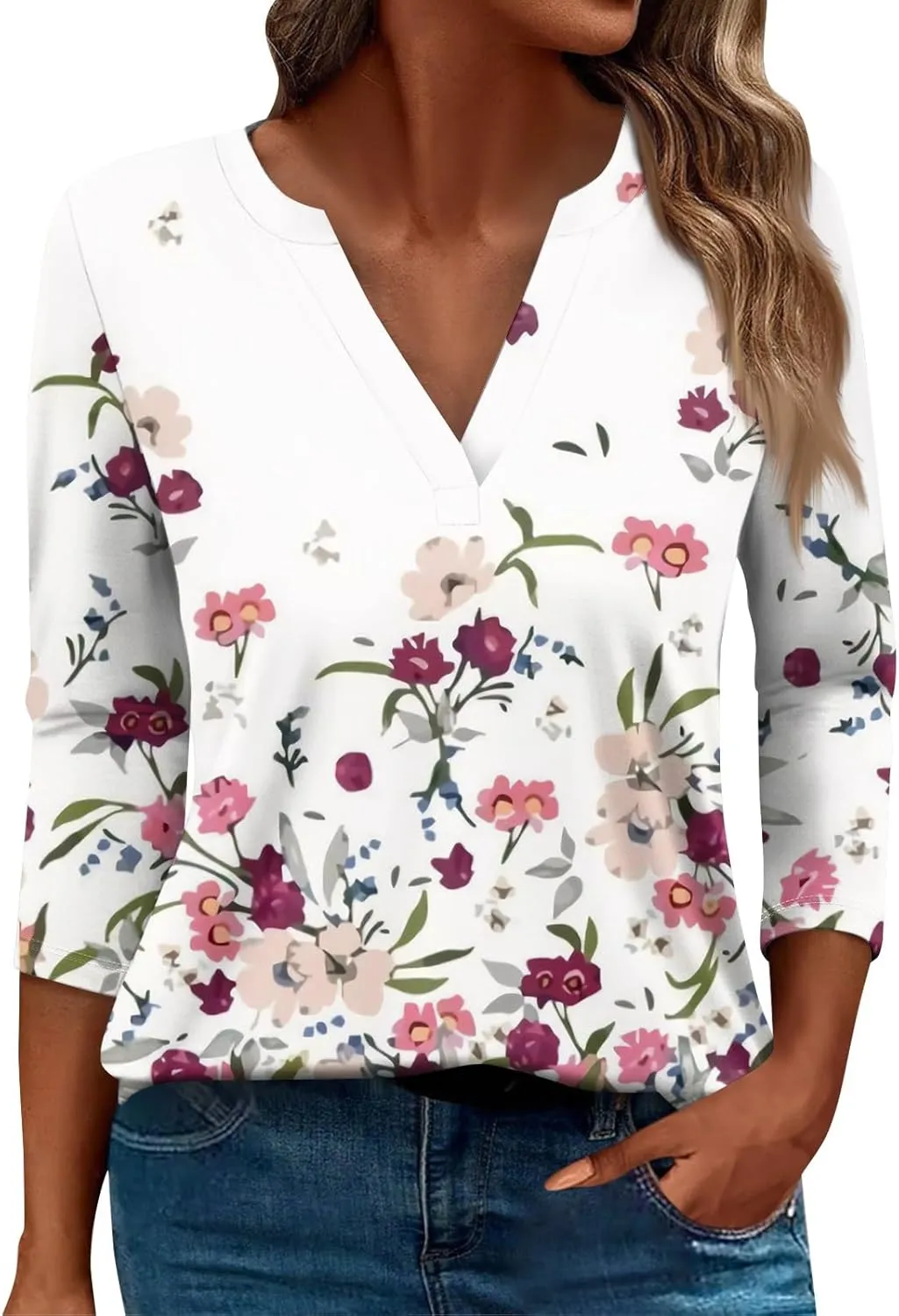 Women's 3/4 Sleeve Dressy Casual Tops Loose Fit Henley V Neck Trendy Shirts Fashion Tunic Blouses