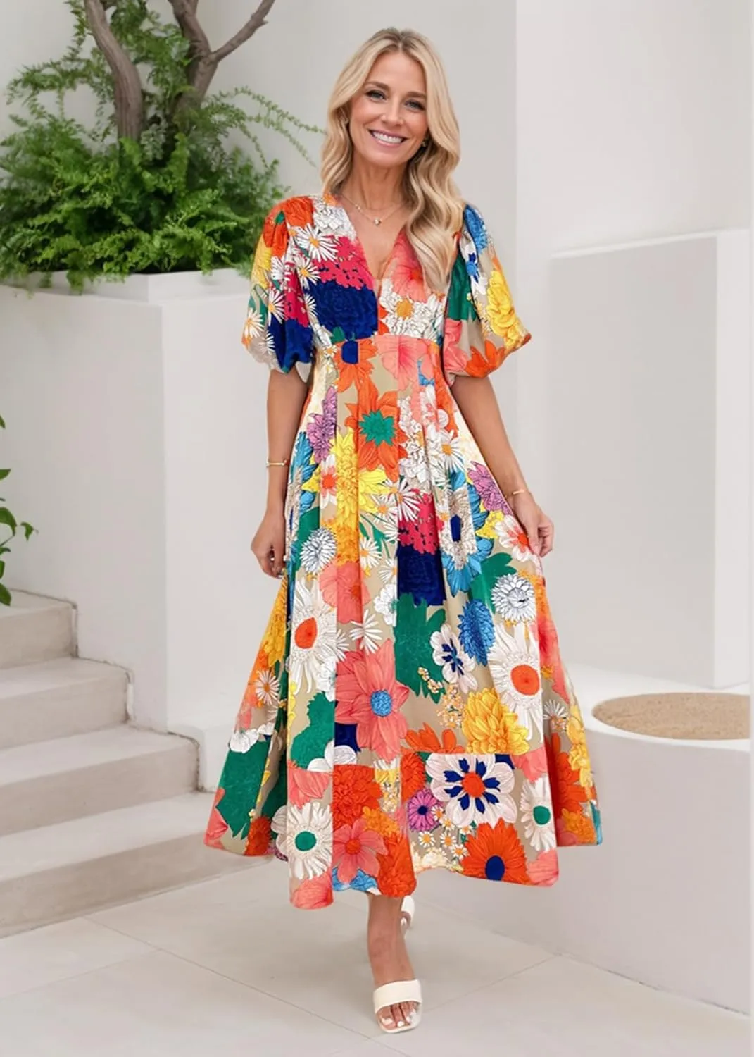 Women's Boho Floral Midi Dress Ruffle Hem Puffy Short Sleeve Summer Maxi Dress