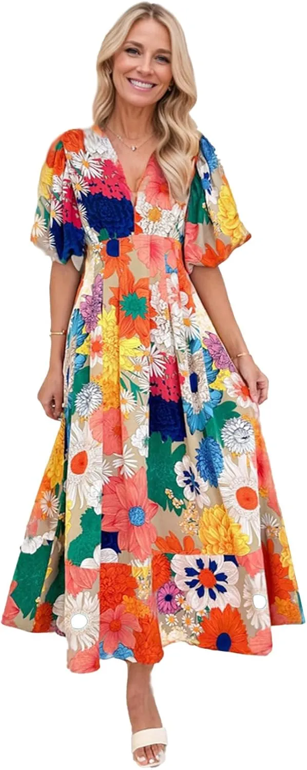Women's Boho Floral Midi Dress Ruffle Hem Puffy Short Sleeve Summer Maxi Dress
