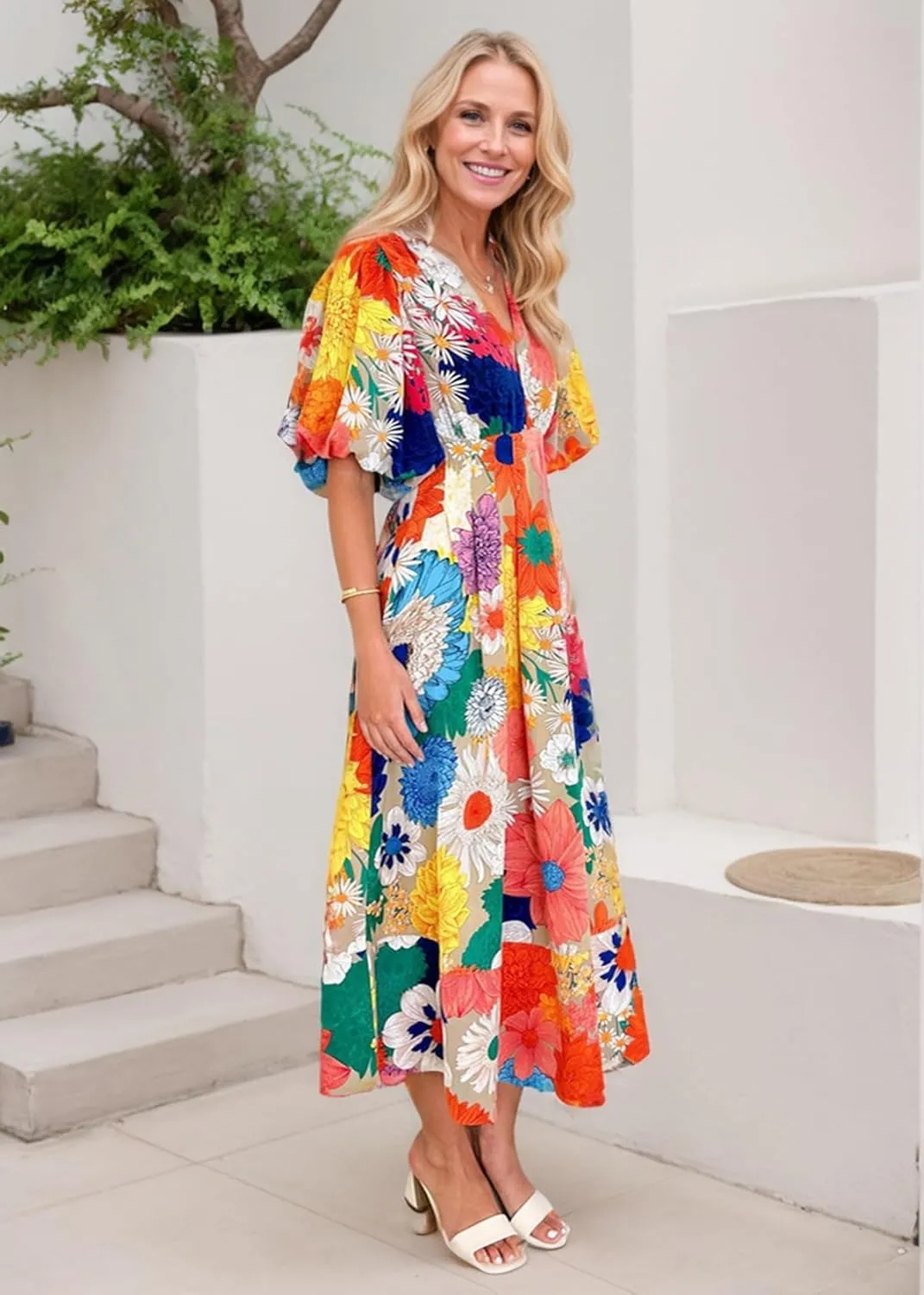 Women's Boho Floral Midi Dress Ruffle Hem Puffy Short Sleeve Summer Maxi Dress