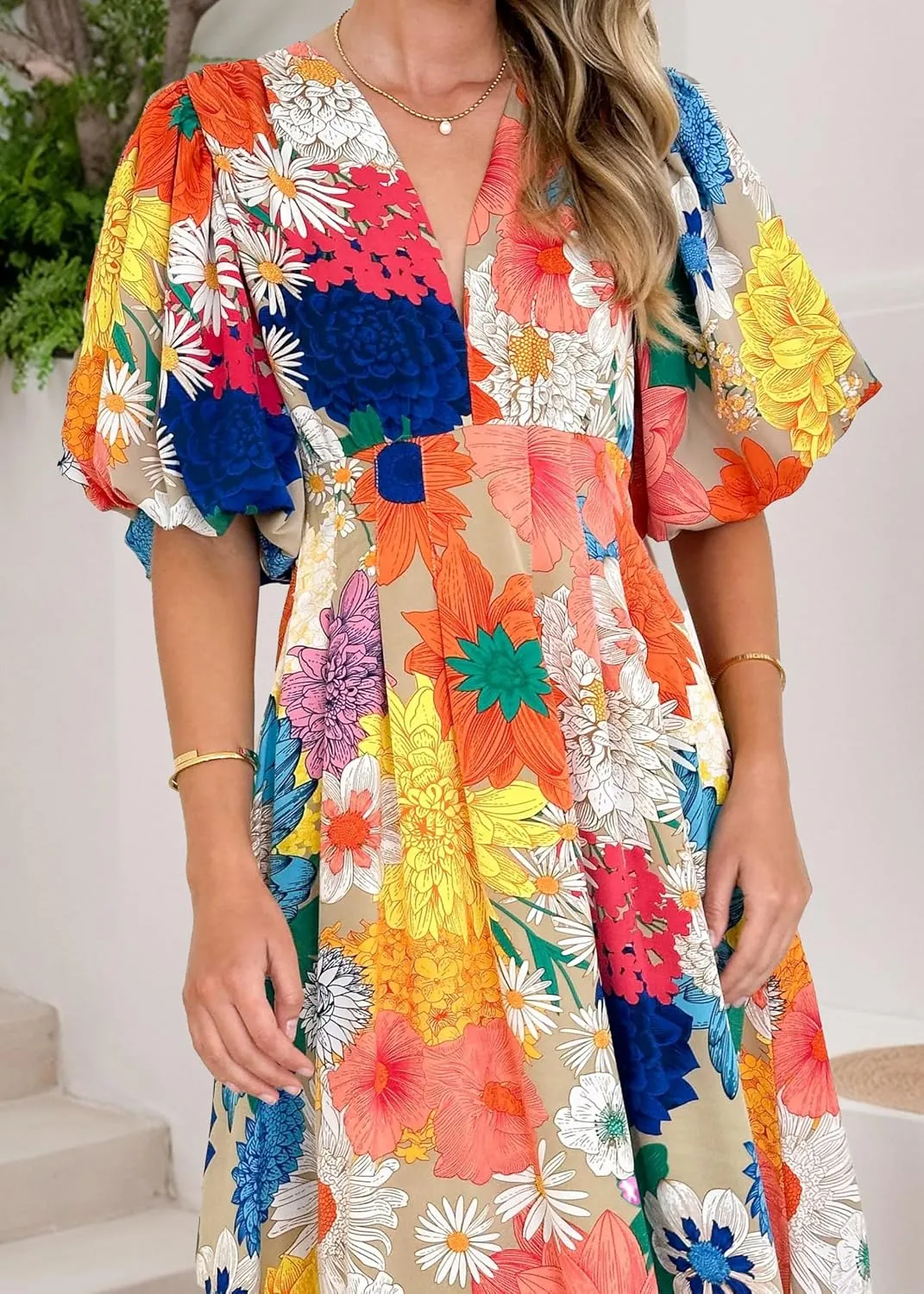 Women's Boho Floral Midi Dress Ruffle Hem Puffy Short Sleeve Summer Maxi Dress
