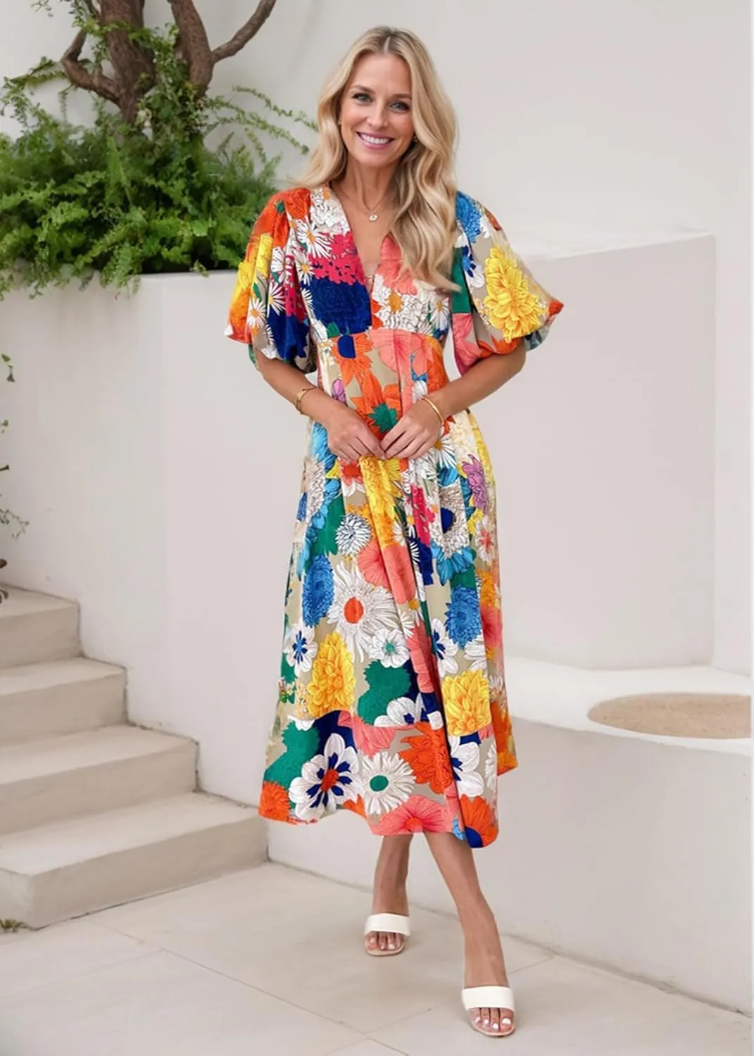 Women's Boho Floral Midi Dress Ruffle Hem Puffy Short Sleeve Summer Maxi Dress
