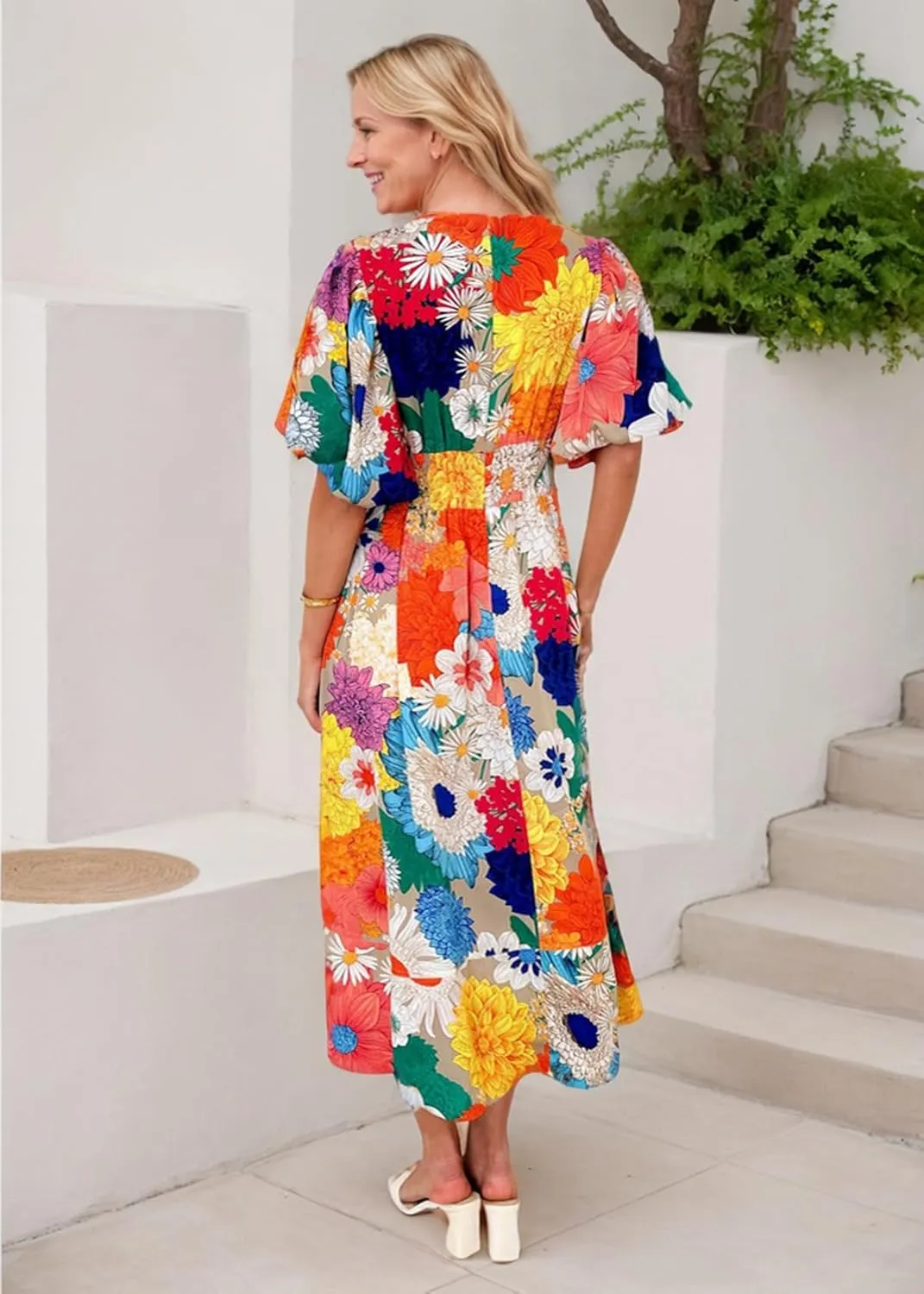 Women's Boho Floral Midi Dress Ruffle Hem Puffy Short Sleeve Summer Maxi Dress