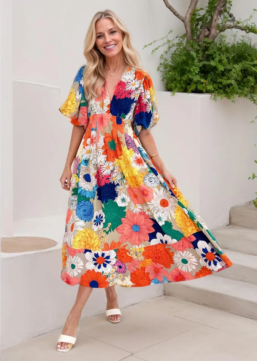 Women's Boho Floral Midi Dress Ruffle Hem Puffy Short Sleeve Summer Maxi Dress