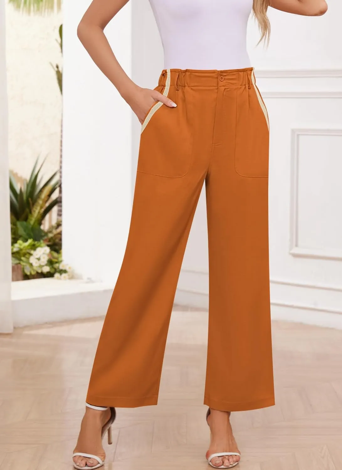 Women's Brown High Waisted Wide Leg Dress Pants - Casual Palazzo Trousers - Medium