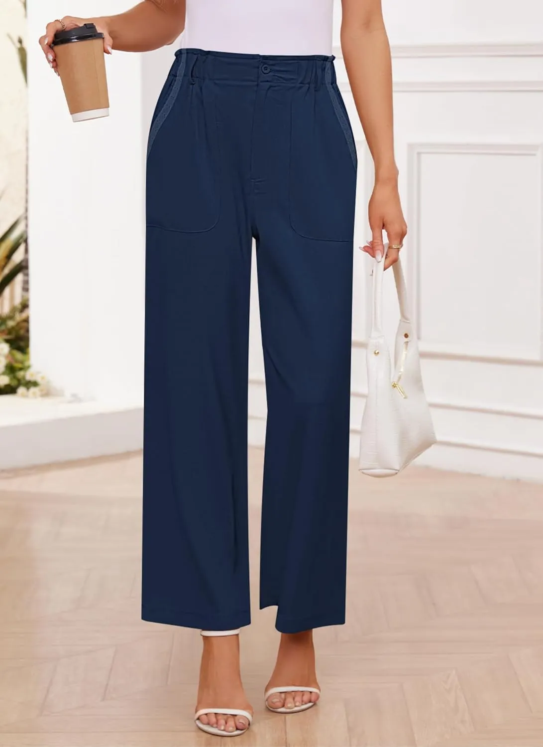 Women's Brown High Waisted Wide Leg Dress Pants - Casual Palazzo Trousers - Medium