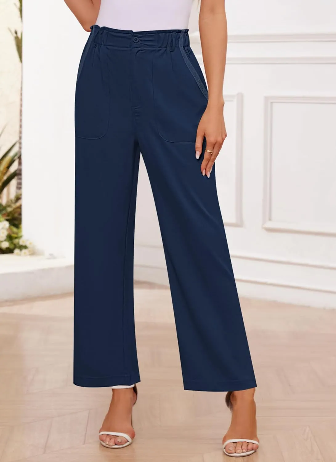Women's Brown High Waisted Wide Leg Dress Pants - Casual Palazzo Trousers - Medium