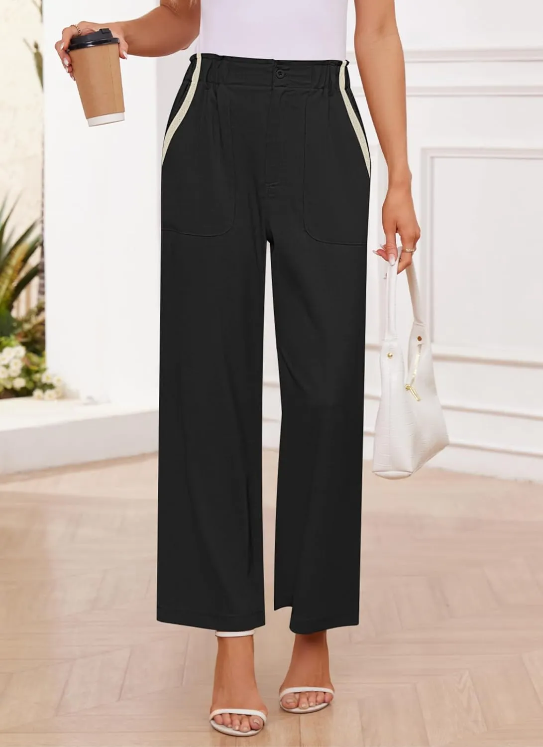 Women's Brown High Waisted Wide Leg Dress Pants - Casual Palazzo Trousers - Medium