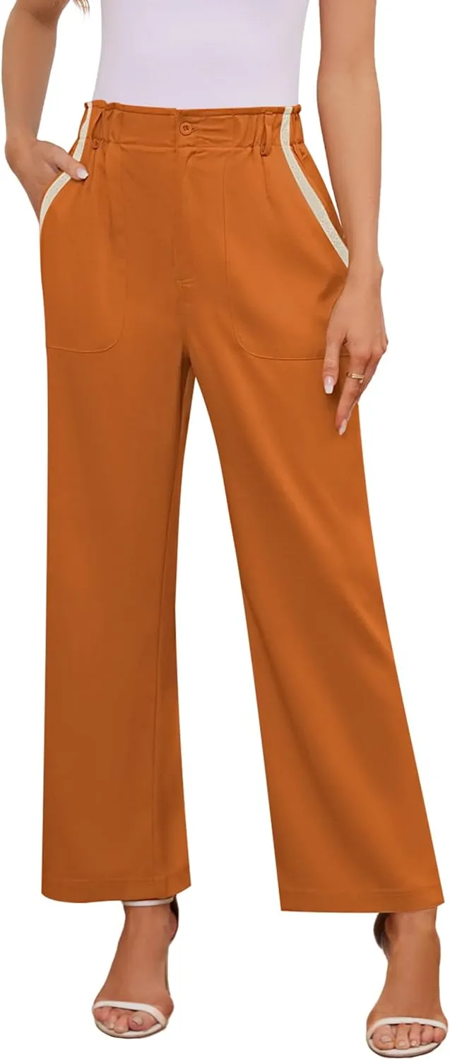 Women's Brown High Waisted Wide Leg Dress Pants - Casual Palazzo Trousers - Medium