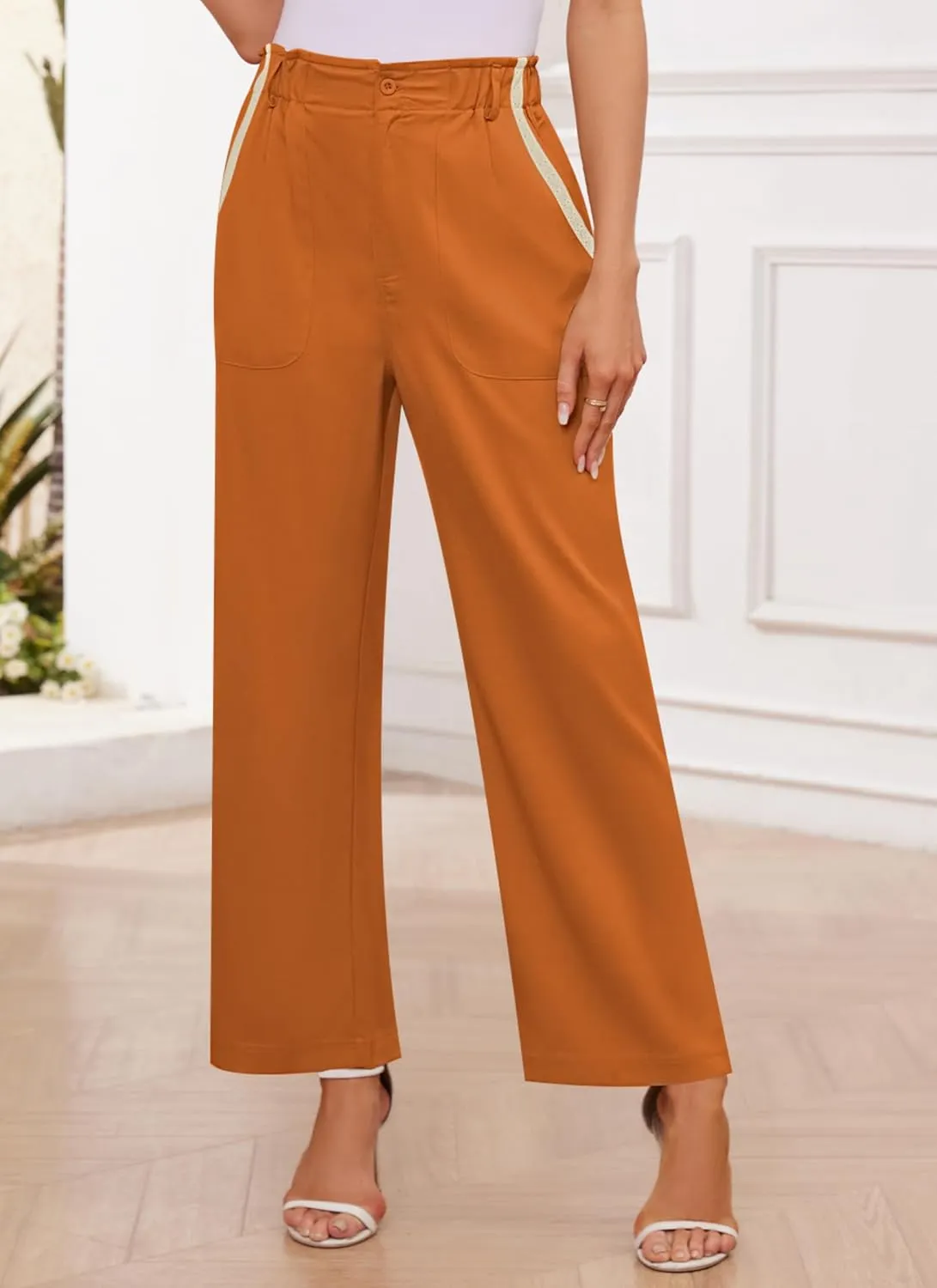 Women's Brown High Waisted Wide Leg Dress Pants - Casual Palazzo Trousers - Medium