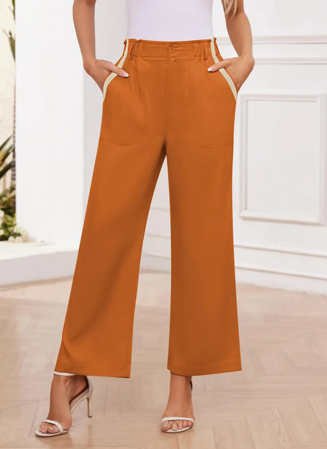 Women's Brown High Waisted Wide Leg Dress Pants - Casual Palazzo Trousers - Medium