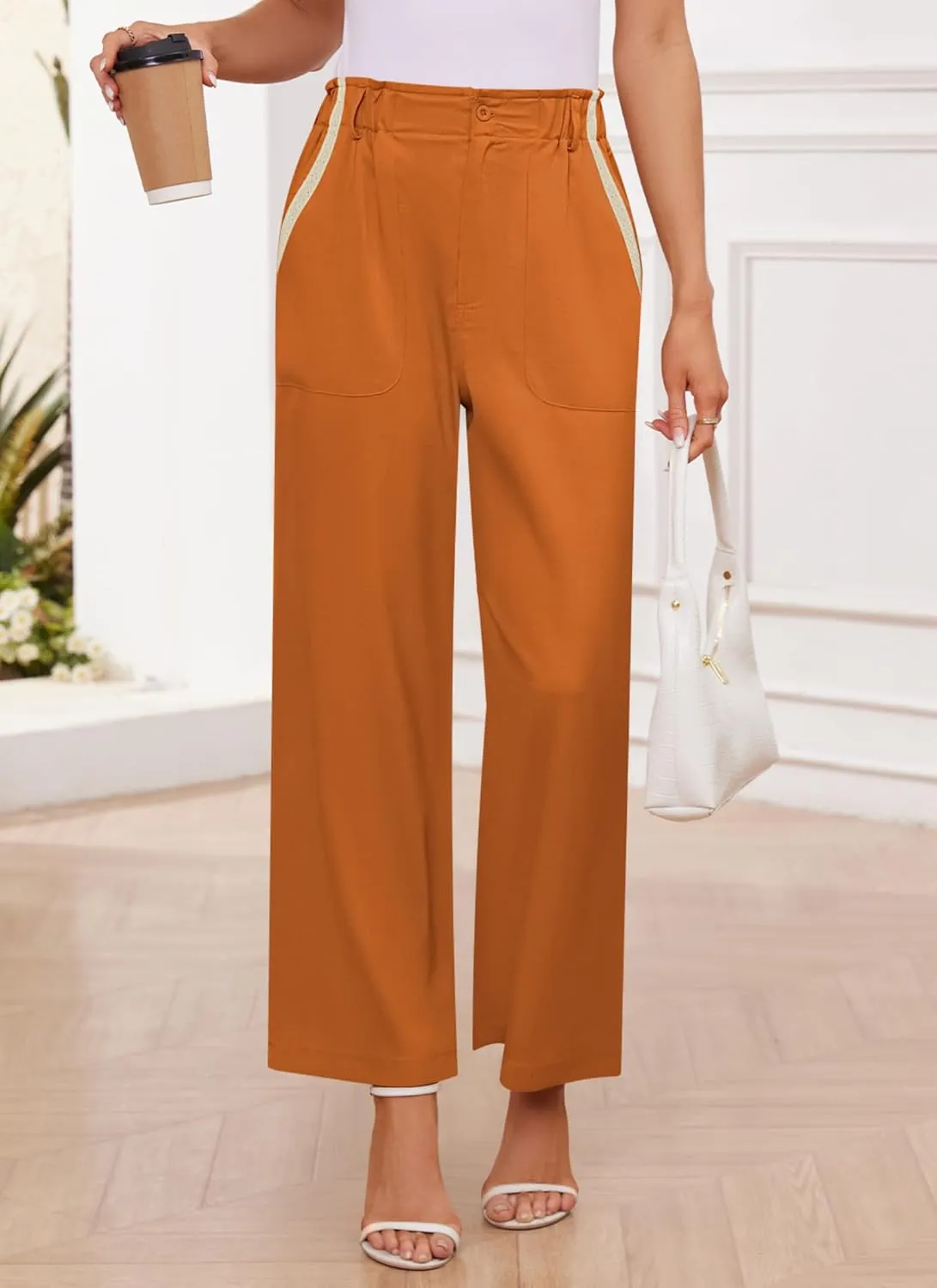 Women's Brown High Waisted Wide Leg Dress Pants - Casual Palazzo Trousers - Medium