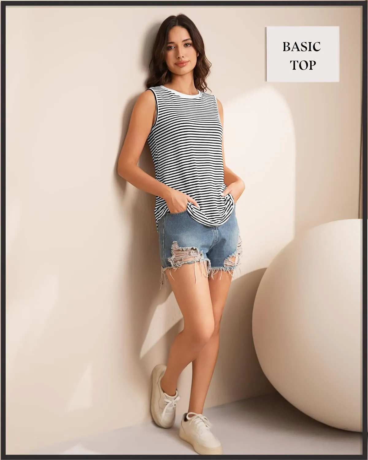 Women's Casual Striped Spring Summer Tank Tops Crew Neck Sleeveless Shirts Loose Basic Trendy Fashion Clothes
